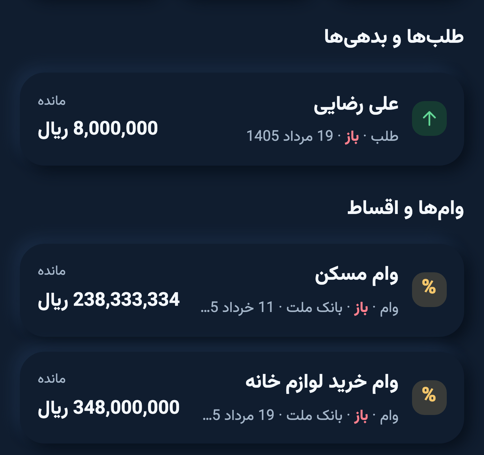 طلب‌ها و وام‌ها در جیب
