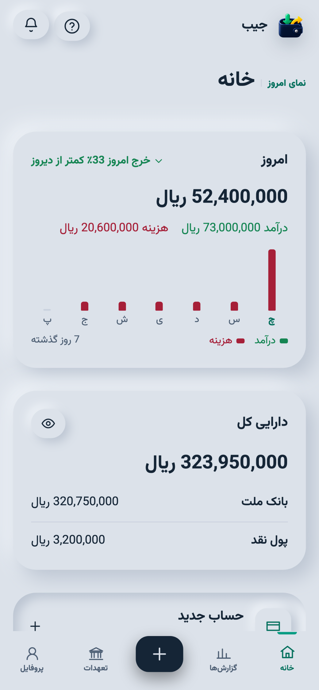 صفحه‌ی خانه‌ی جیب: درآمد و هزینه‌ی امروز و دارایی کل